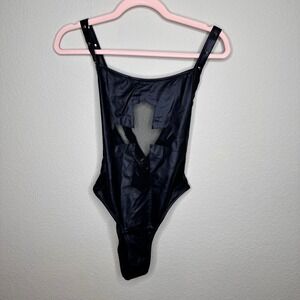Widow Dolls Kill Black Faux Leather Mesh Cross Cutout Bodysuit Studded Gothic M